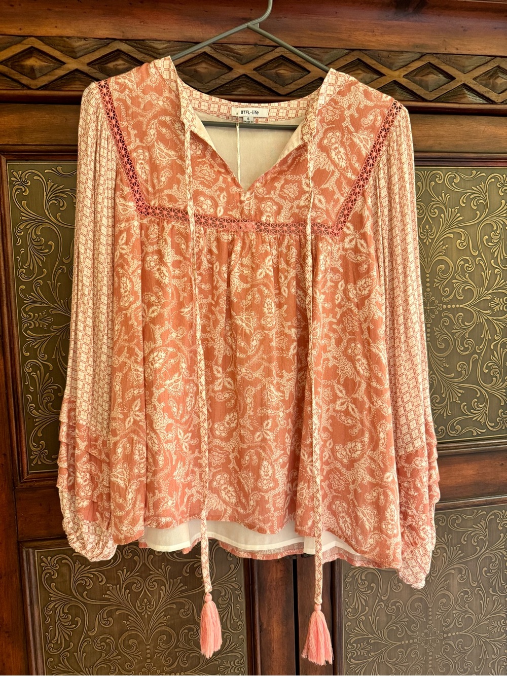Boho Pink Paisley Peasant Blouse with Tassel Ties